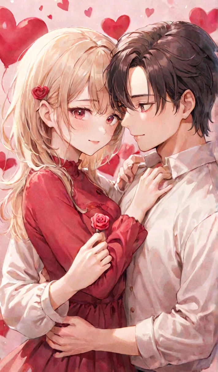 An attractive couple poses lovingly for a Valentine's Day day themed photo shoot together. This man is very handsome, The woman is very beautiful. Whether it is the people, and its surroundings, Extremely detailed, high resolution, crisp, focus. Valentine's Day, pink, High contrast, Vibrant colors, sakura trees and blossoms pink樱花花瓣,Cherry tree