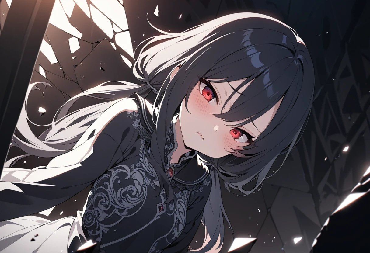 (masterpiece, Highest quality, Super detailed, Best Shadow), (Detailed Background,Dark fantasy), (Beautifully detailed face), High Contrast, (Best lighting, Very delicate and beautiful), ((Cinematic Light)), colorful, Hyper Detail, Dramatic Light, Intricate details, (1 Girl, alone,Black Hair, Sharp Face,Low twin tails,Red eyes, Hair between the eyes,Dynamic Angle), Blood splatter, Black light swirling around the character, Depth of written boundary,black light particles,(Broken glass),Small breasts overflowing、Shy face、blush