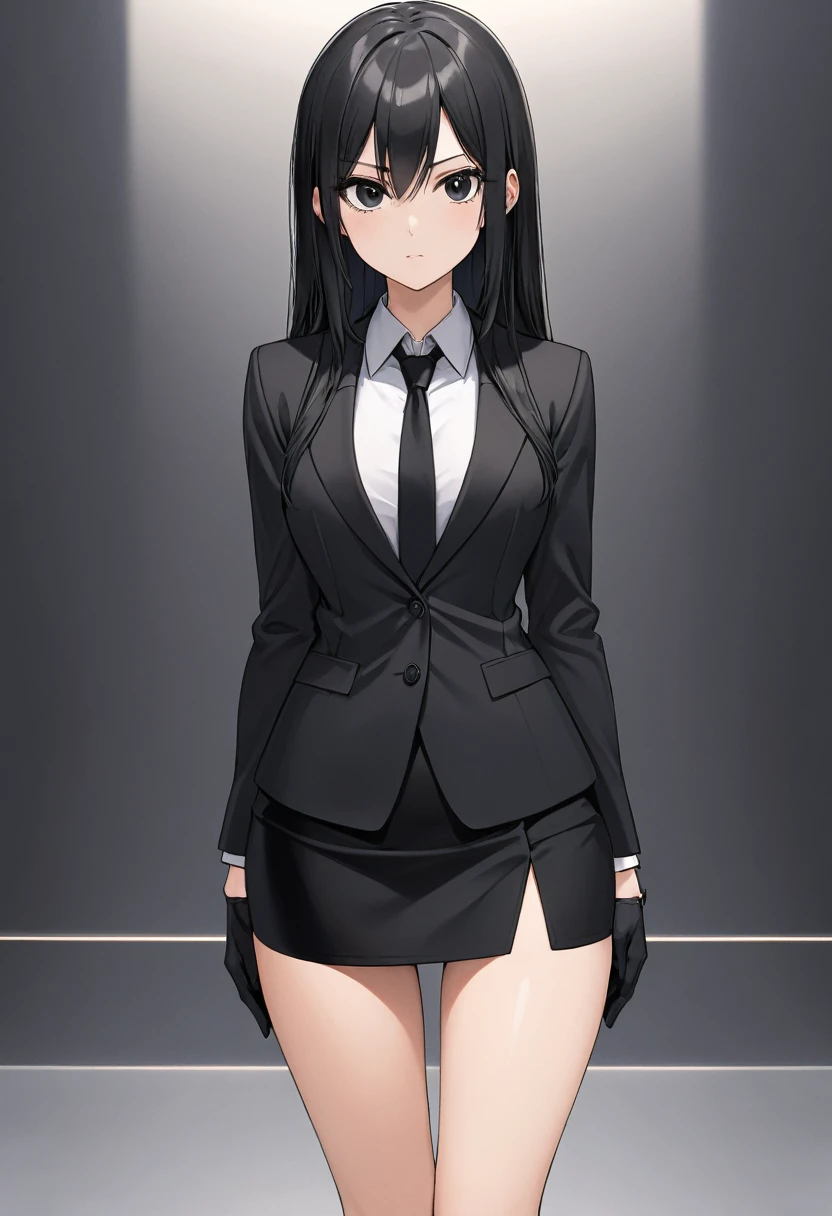 Black miniskirt , black shoes , pencil skirt , whole body , thighs , black hair , black eyes , straight hair , blazer , black tie , bare legs , face , Black gloves , standing posture , close up