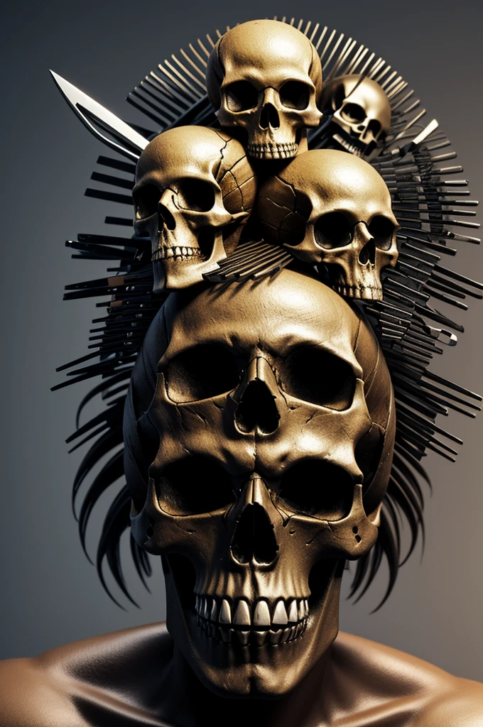 Create scissor over comb and 2 skull with with dangerous background and skull make 3D