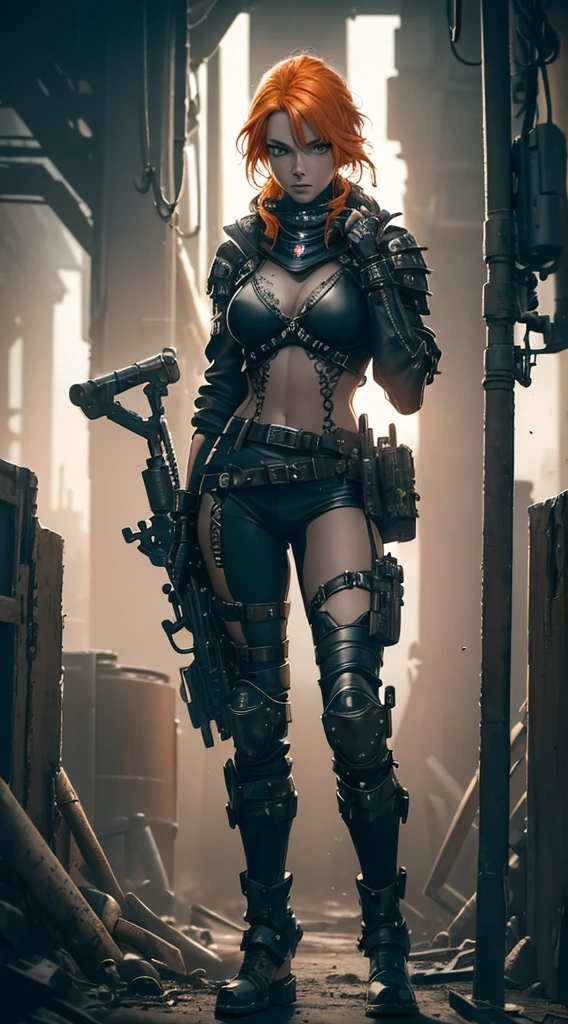 (((mulher))), (((melhor qualidade))), (((obra prima))), (((adulto))), A highly detailed and realistic skull girl,( Anya. Taylor Joy) cyberpunk character, mad max furiosa, one hand robot, cyborg arm, orange hair, dramatic metal heavy rock theme, best quality, 8k, hyperrealistic, photorealistic, extreme detailed painting, studio lighting, vivid colors, dark moody atmosphere, cinematic, dramatic pose, intricate mechanical details, glowing energy effects, intense gritty textures, seamless integration of organic and inorganic elements. Wearing the used clothes of a wastelander. Background: An apocalyptic wasteland. Dusty and depressing.
