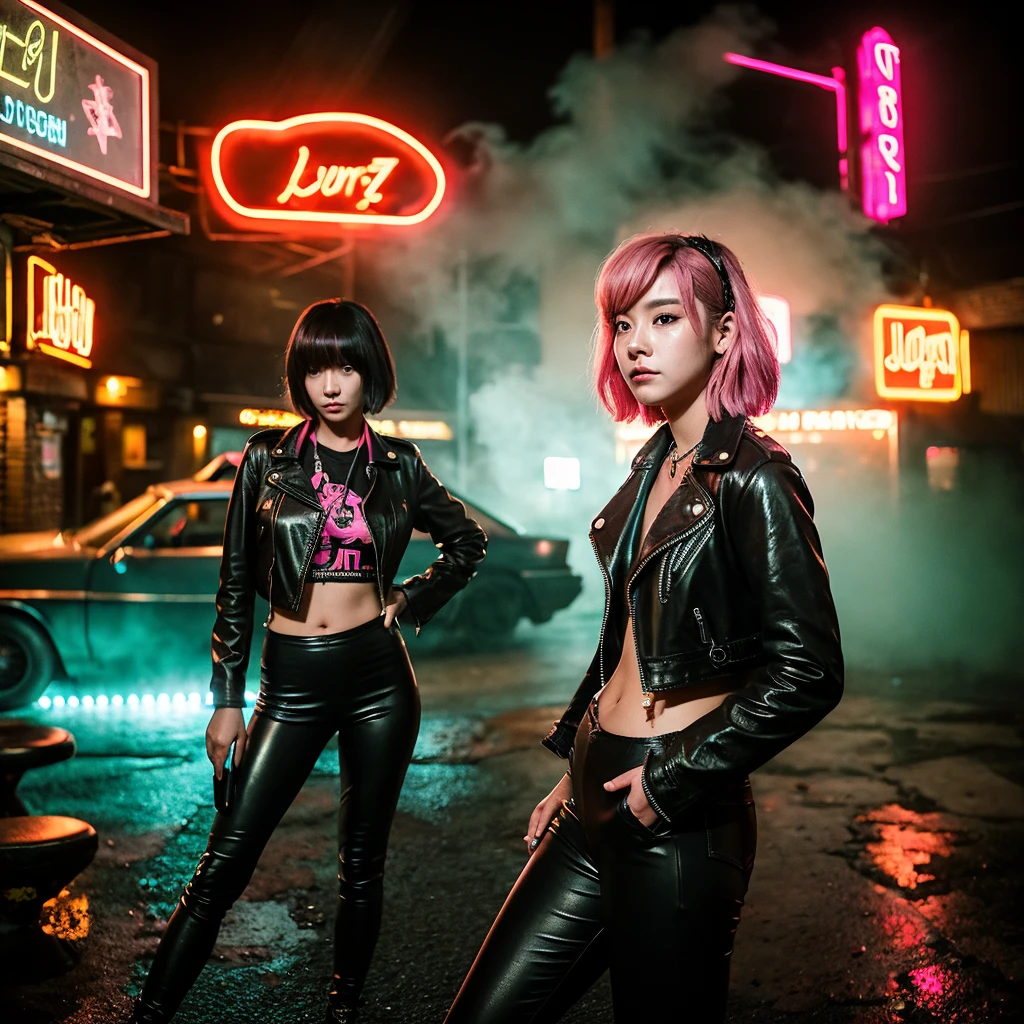 girl 21 years old, short shoulder-length hair, pink hair color, wearing only a black leather jacket, black leggings, posing like a model, the surroundings are a dark pub, a cyberpunk 2077 style pub, a lot of neon lights, artificial smoke, poor lighting, professional photo session
