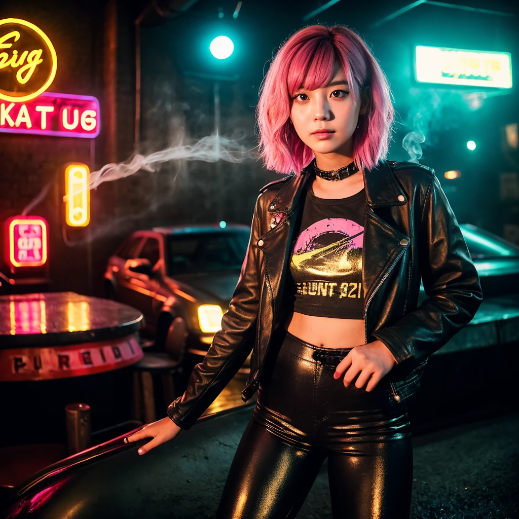 girl 21 years old, short shoulder-length hair, pink hair color, wearing only a black leather jacket, black leggings, posing like a model, the surroundings are a dark pub, a cyberpunk 2077 style pub, a lot of neon lights, artificial smoke, poor lighting, professional photo session