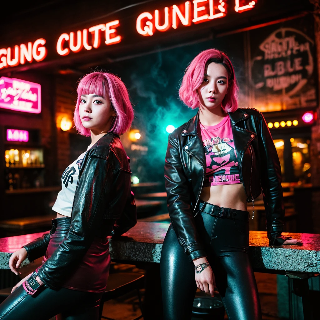 girl 21 years old, short shoulder-length hair, pink hair color, wearing only a black leather jacket, black leggings, posing like a model, the surroundings are a dark pub, a cyberpunk 2077 style pub, a lot of neon lights, artificial smoke, poor lighting, professional photo session