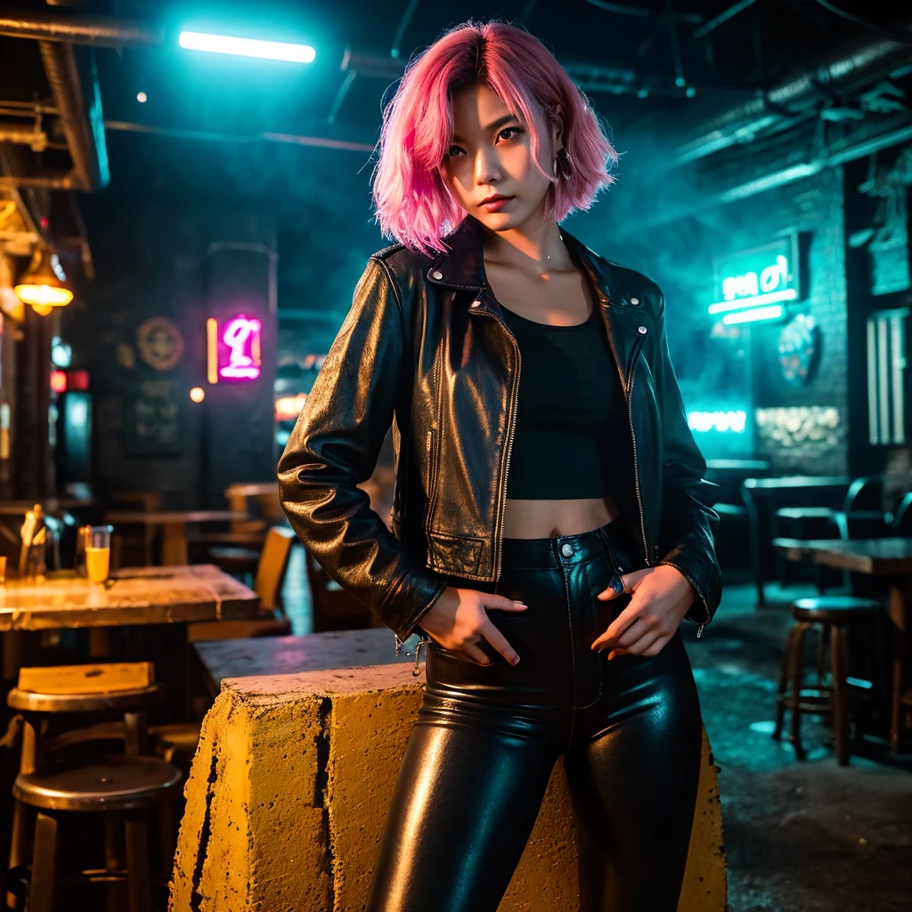 girl 21 years old, short shoulder-length hair, pink hair color, wearing only a black leather jacket, black leggings, posing like a model, the surroundings are a dark pub, a cyberpunk 2077 style pub, a lot of neon lights, artificial smoke, poor lighting, professional photo session