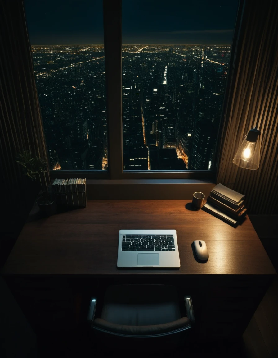 NIGHT, DARK,empty desk,top point of view, picture taken from up, cinematic, large wooden desk, no window , no computer, no anything, just empty desk