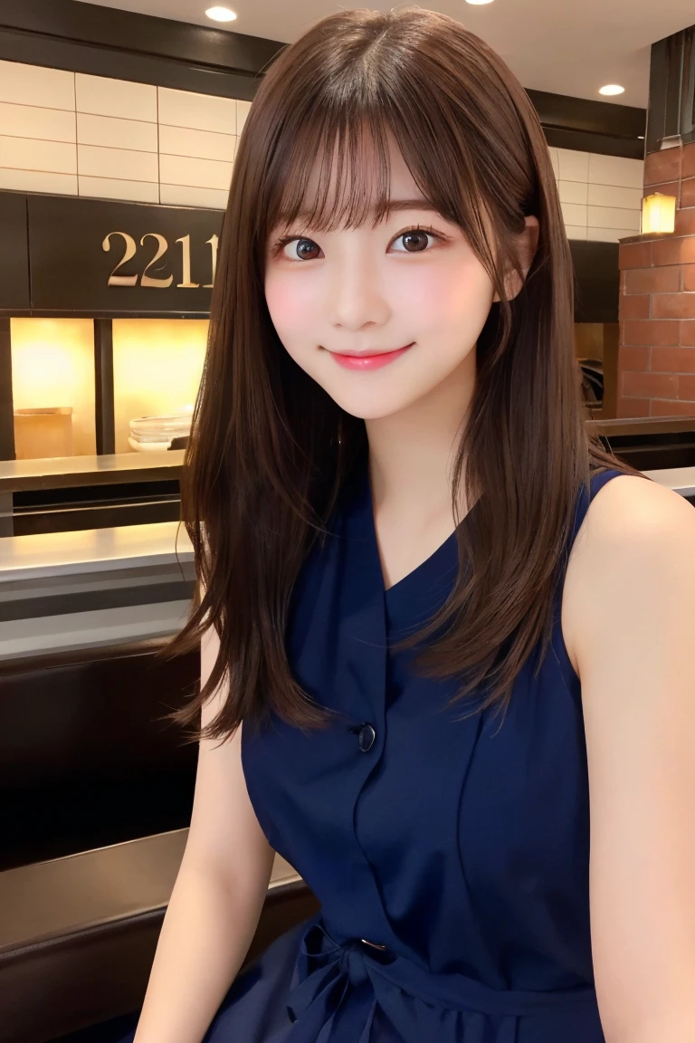 japanese、Highest quality, (beautiful)、Very delicate eyes、Brown eyes、22-year-old female、summer、office、Date、restaurant、Brown Hair、smile、cheeks are slightly plump、(((whole body)))、As if looking up from below