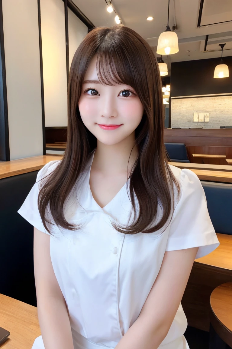 japanese、Highest quality, (beautiful)、Very delicate eyes、Brown eyes、22-year-old female、summer、office、Date、restaurant、Brown Hair、smile、cheeks are slightly plump、(((whole body)))、As if looking up from below
