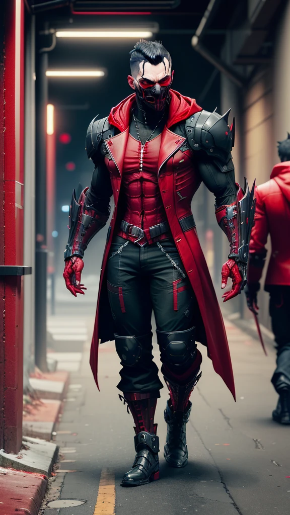 a man in a red jacket and black pants standing in a dark room, wearing cultist red robe, crimson attire, character from mortal kombat, as a character in tekken, fighting game character, cyberpunk assassin, red hooded mage, cyberpunk outfits, crimson clothes, the red ninja, wearing leather assassin armor, an edgy assassin, cool red jacket, cyberpunk street goon