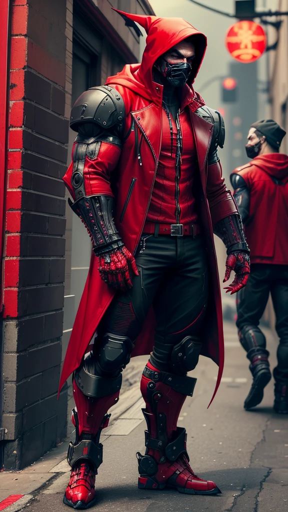 a man in a red jacket and black pants standing in a dark room, wearing cultist red robe, crimson attire, character from mortal kombat, as a character in tekken, fighting game character, cyberpunk assassin, red hooded mage, cyberpunk outfits, crimson clothes, the red ninja, wearing leather assassin armor, an edgy teen assassin, cool red jacket, cyberpunk street goon