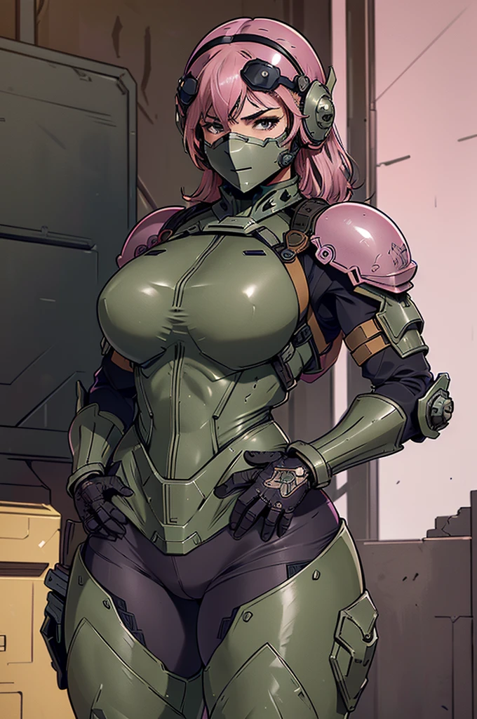 solid metal gear style, (detailded intricate full cover tactical helmet:1.3), (pink  hair), cowboy shot, dynamic pose, 1 girl, standing alone, ray tracing, (work of art), (best qualityer), (detailded), (detailded tactical gear:1.1), (body armor:1.1), combat pants, mitts, (intricate background:1.1), 