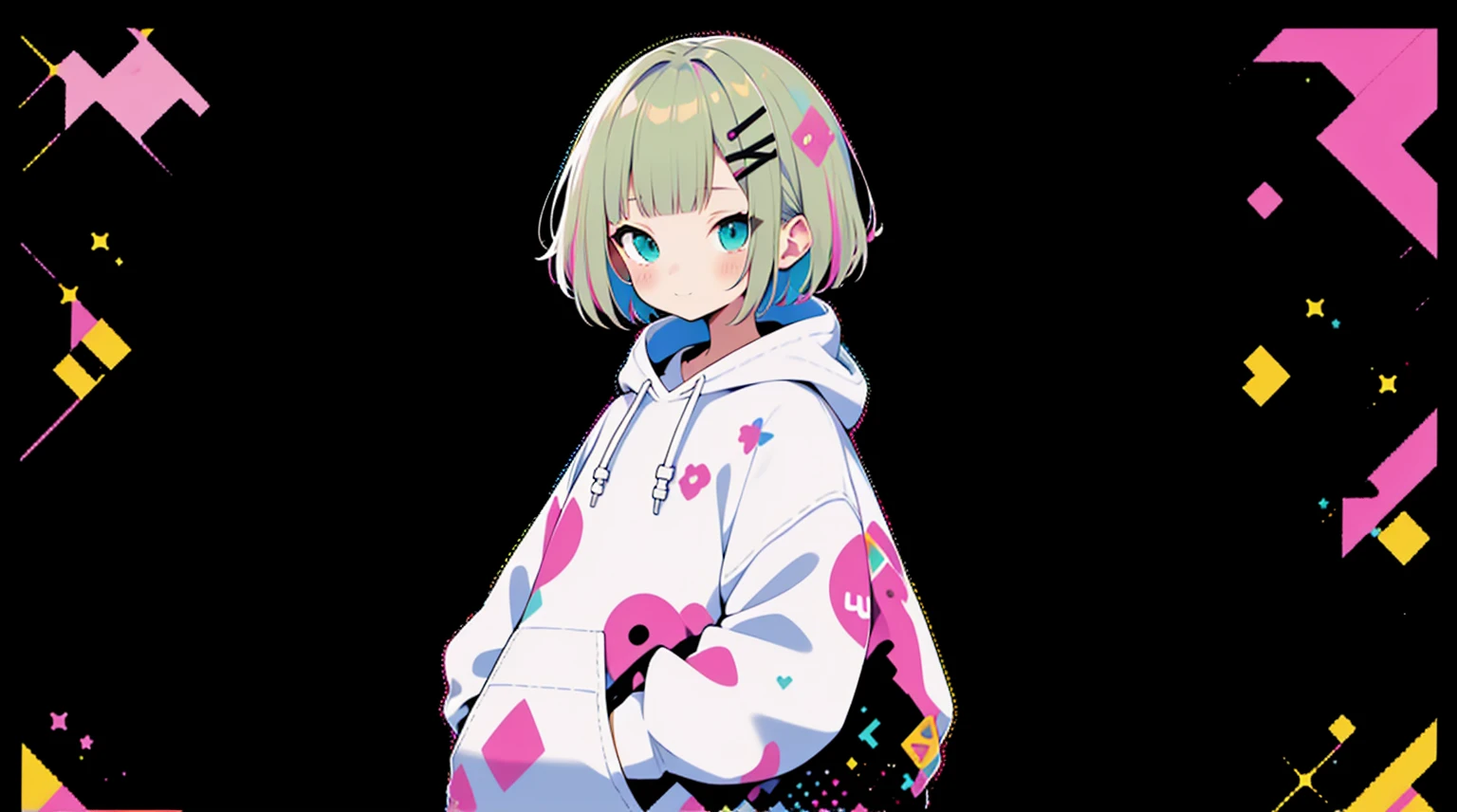  Pink hoodie、high quality、Colorful color palette、high resolution、pretty girl、 Pink hoodie、An unprecedented number of draws、Anime Style、Geometric background、Sticker Style、short hair、Blonde、Turquoise Eyes, Messy Hair, Pink hoodie、Cat ears of the same color as the hair、front, Hands posing, Until death, Bondage, Baggy clothes