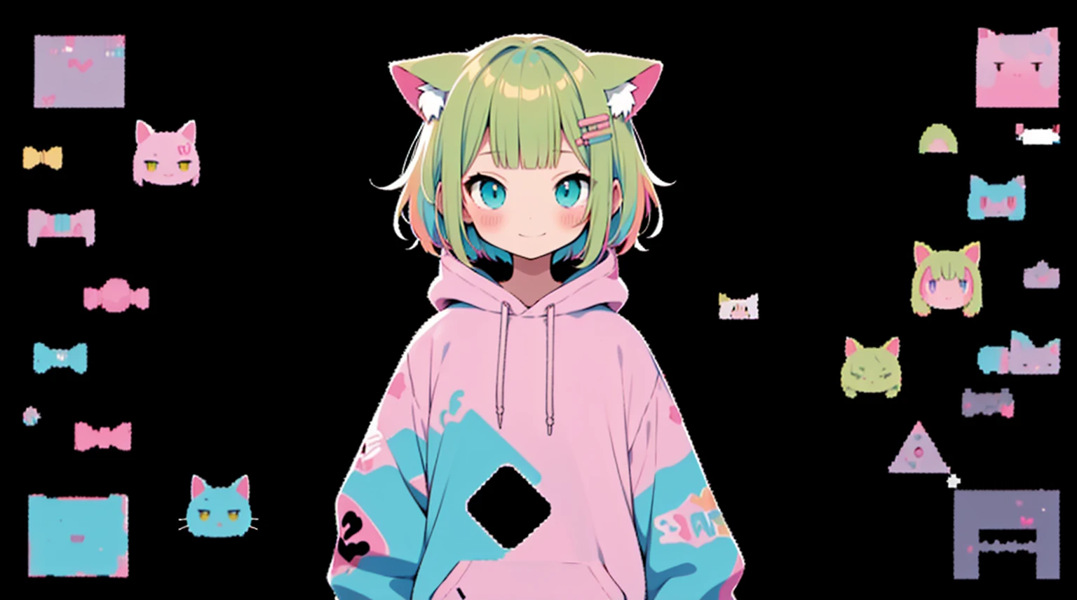  Pink hoodie、high quality、Colorful color palette、high resolution、pretty girl、 Pink hoodie、An unprecedented number of draws、Anime Style、Geometric background、Sticker Style、short hair、Blonde、Turquoise Eyes, Messy Hair, Pink hoodie、Cat ears of the same color as the hair、front, Hands posing, Until death, Bondage, Baggy clothes