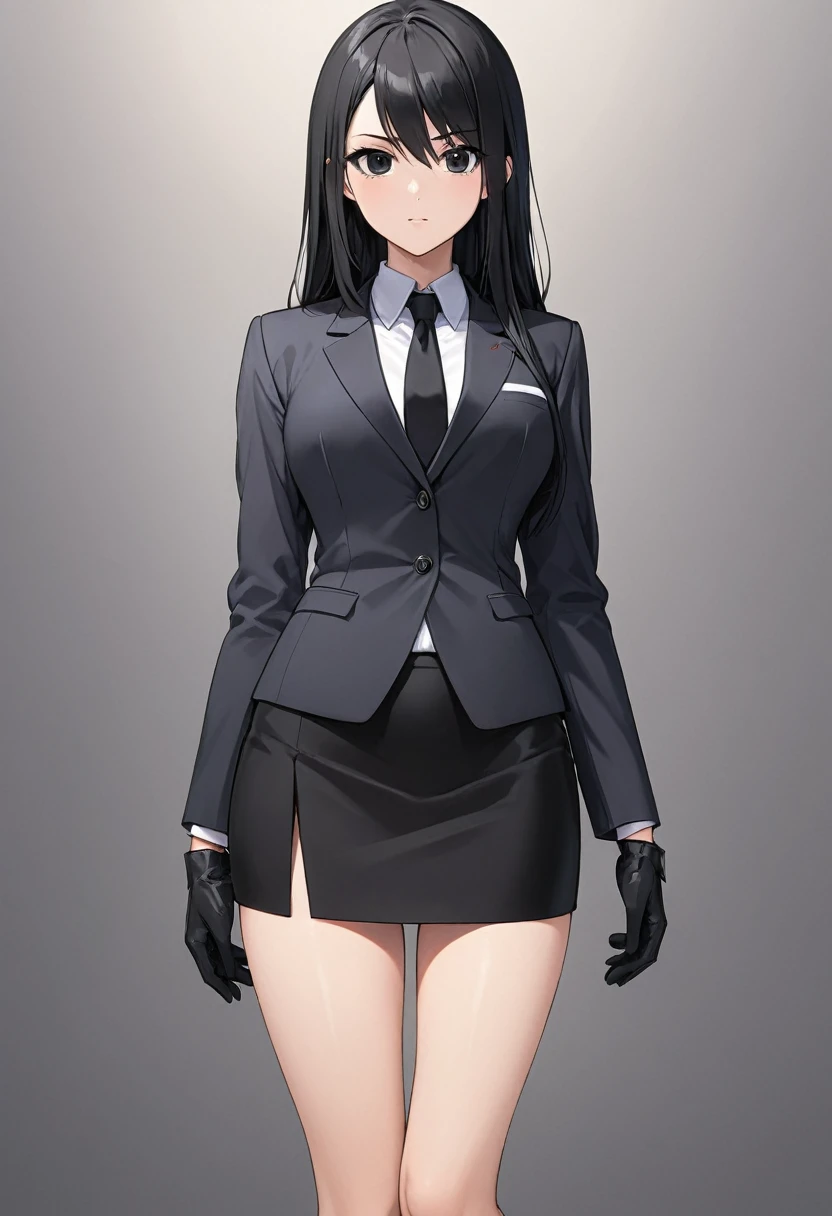 Black miniskirt , black shoes , pencil skirt , whole body , thighs , black hair , black eyes , straight hair , blazer , black tie , bare legs , face , Black gloves , standing posture , close up