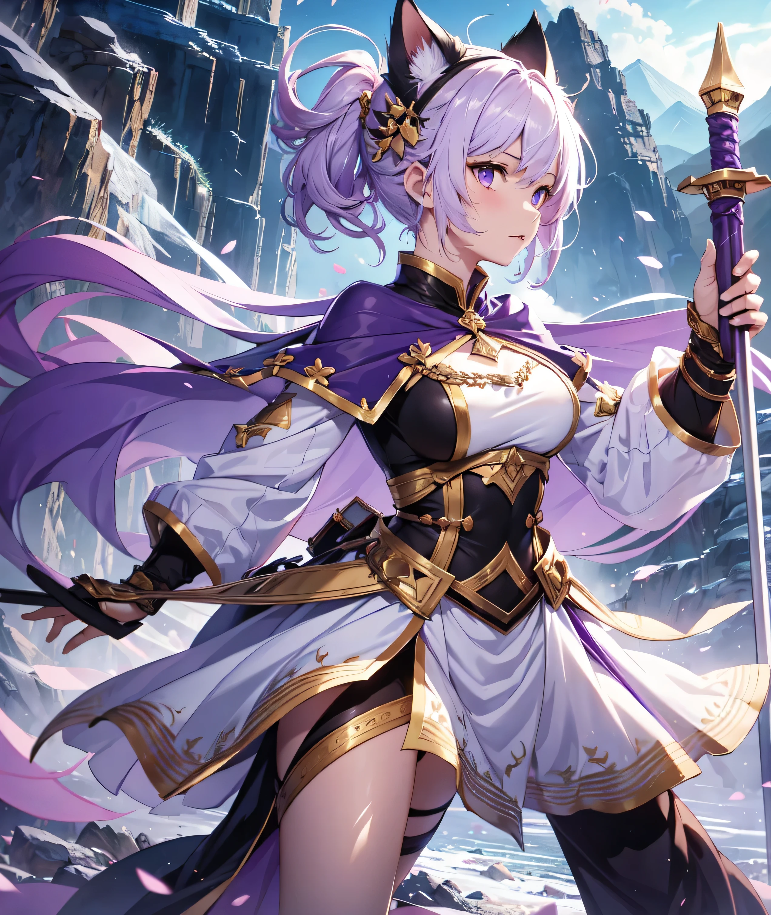 beautiful and delicate girl, clear and beautiful, Make your character the main point of view, glowing skin, female, 20 years old, Short hair, shortcut, Short hair, Beautiful and delicate glass hair, 칼을 휘두르는 female warrior 포즈, 크고 colorful swords, weapon, Attack moves to defeat enemies, full body pose, two handed sword, big knife, colorful swords ((greek costume, 2 Costume colors, white background, purple 패턴)) ((Clothes color White background, purple 패턴)) ((Double color, White, purple)) ((Use only two colors of clothing, White, purple))beautiful and delicate eyes, purple 눈, moderate chest, real skin texture, Very nice 8KCG wallpaper, Very cool 8K CG wallpaper, Watercolor (middle), female warrior, light orange hair, (((upper body cut))), (((Cat's ears dark purple))), (((dark, dark 밤, midnight))) (((nature background, mountain, wood))), ((outdoors)) Dynamic fighting stance with a sword, I can see my whole body, angle seen from a distance, Zoom out, 신foot, foot,