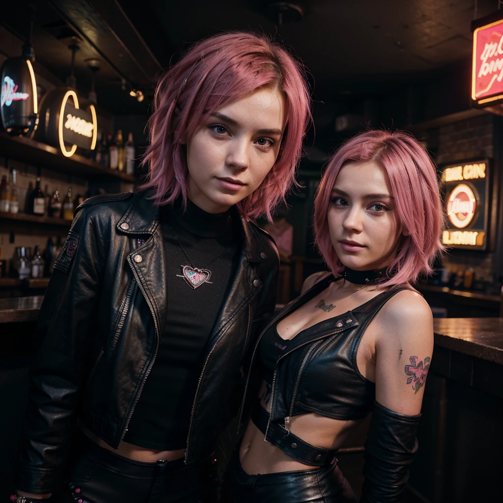 girl 21 years old, short shoulder-length hair, pink hair color, wearing only a black leather jacket, black leggings, posing like a model, the surroundings are a dark pub, a cyberpunk 2077 style pub, a lot of neon lights, artificial smoke, poor lighting, professional photo session