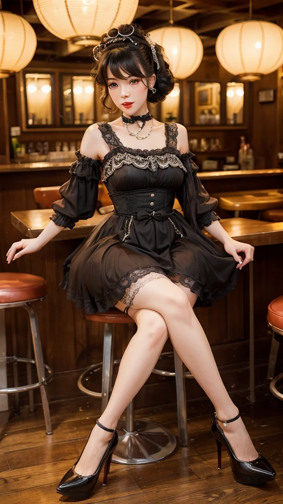 Hyperrealistic photorealistic photography of a Japanese rockabilly woman. Body height 180 centimeters with long legs and feminine curves. Hairstyle is a rockabilly hairstyle. Clothing a pin up pencil petticoat dress and lace stockings and high heels. The model pose is supposed to be that she is sitting on a bar stool in a 1950s bar facing the camera. The scenario of the photography should be the fifties.