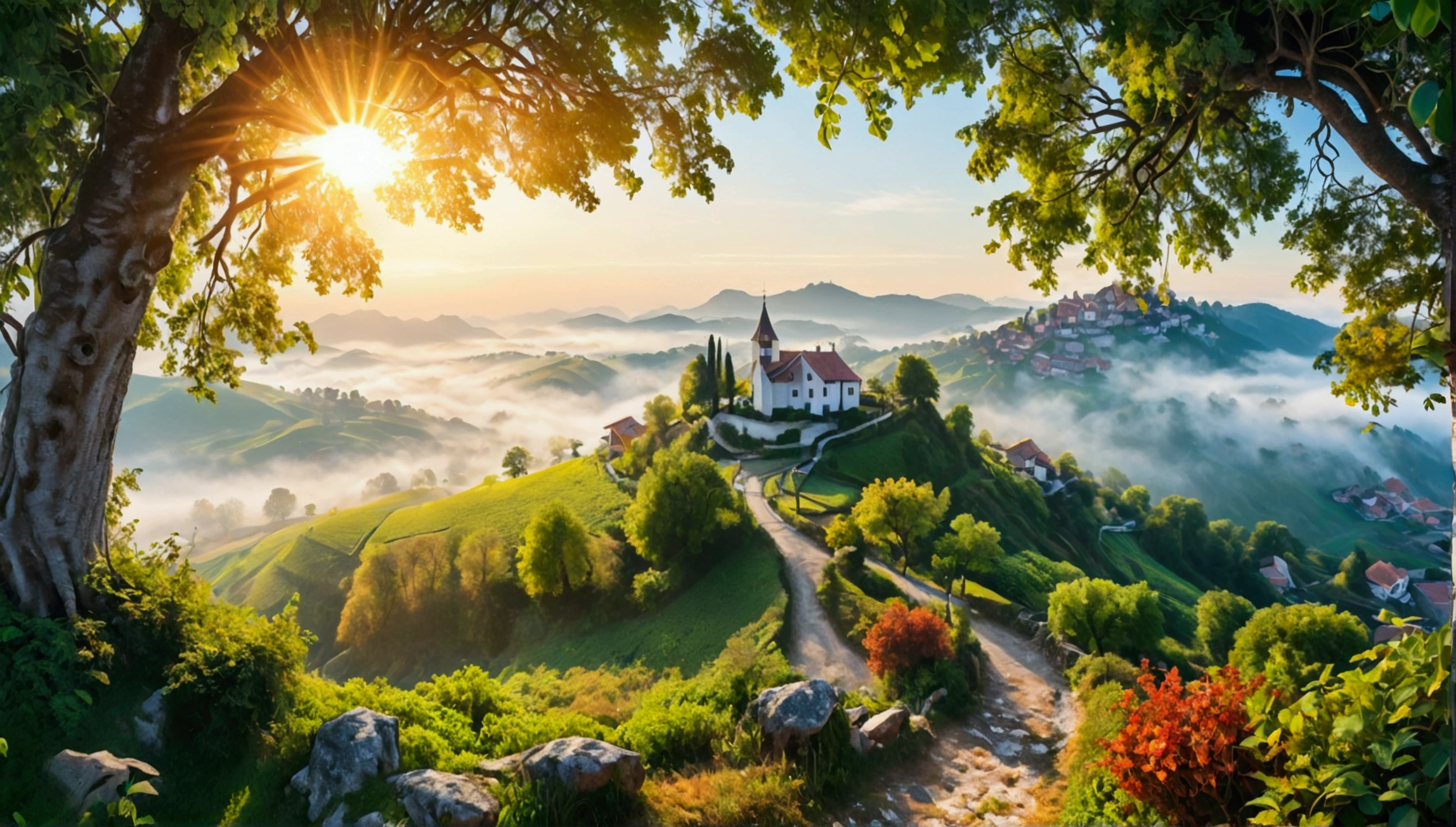 Distant beautiful small village on the top of the hill, drone point of view, an the back is distant mountain covered with fog, morning light the scene is warm and tranquil with morning sun pass through the tree leaves, peaceful, illustration, isolated with solid white background, surrounded with negative space, centered composition, very precise line, Isolated, (((solid white background))), perspective angle of view, (masterpiece), (best quality), Leonardo style, vector art, (lora:Leonardo-illustration:1), vector art, washed out color, rich and intricate detail,