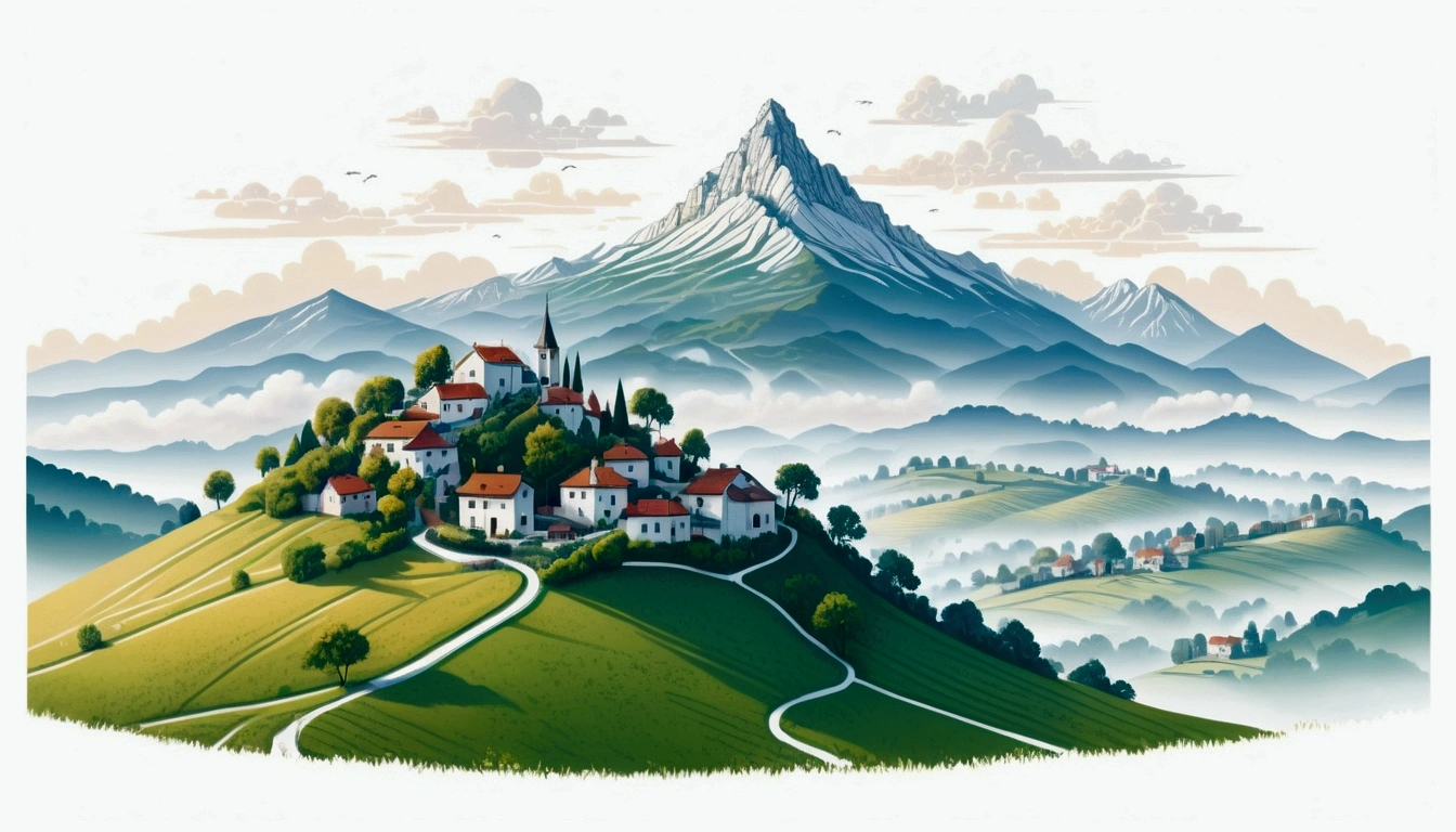 Distant beautiful small village on the top of the hill, drone point of view, an the back is distant mountain covered with fog, morning light the scene is warm and tranquil with morning sun pass through the tree leaves, peaceful, illustration, isolated with solid white background, surrounded with negative space, centered composition, very precise line, Isolated, (((solid white background))), perspective angle of view, (masterpiece), (best quality), Leonardo style, vector art, (lora:Leonardo-illustration:1), vector art, washed out color, rich and intricate detail,