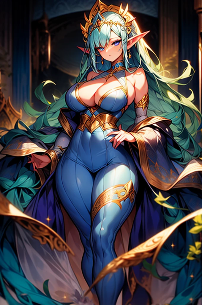 (Masterpiece, best quality, official art, 8K), ultra-detailed, a cartoon image of a Sky Blue Skinned female Djinn with blue hair and a chain around her neck, Human Hybrid Djinn, (((((Her sky blue skin))))), skin genie girl sky blue, alone, Krenz Cushart and Artgerm, aesthetics!!!!!!, female genius, she is huge, beautiful girl genius, a celestial appearance, eyes are large and expressive, ((deep blue eyes)), exotic eyes, long blue hair, wavy and flowing, wears an exotic outfit, ((She wears a top adorned with sparkling jewels, her skirt is long and flowing, made of lightweight silk, with layers that move gracefully with each step)), the skirt is decorated with intricate embroidery in silver and gold, waist sash decorated with precious stones, artgerm style, Water Elemental Woman, Goddess Inanna, The Greek goddess Afrotita, aesthetic!!!!!!, (1 Female Genie Djinn), (Big Breasts), Beautiful Genie, Evil Goddess, Djinn Character, Detailed Body, mega detailed sensual body, perfect goddess body, Cuffs with Hanging Chains, Colorful Concept Art, Spiritual Fantasy Concept Art, female genie, blue hair, Sky blue skin, Djinn girl, (Sky Blue Skinned Elf-Djinn).