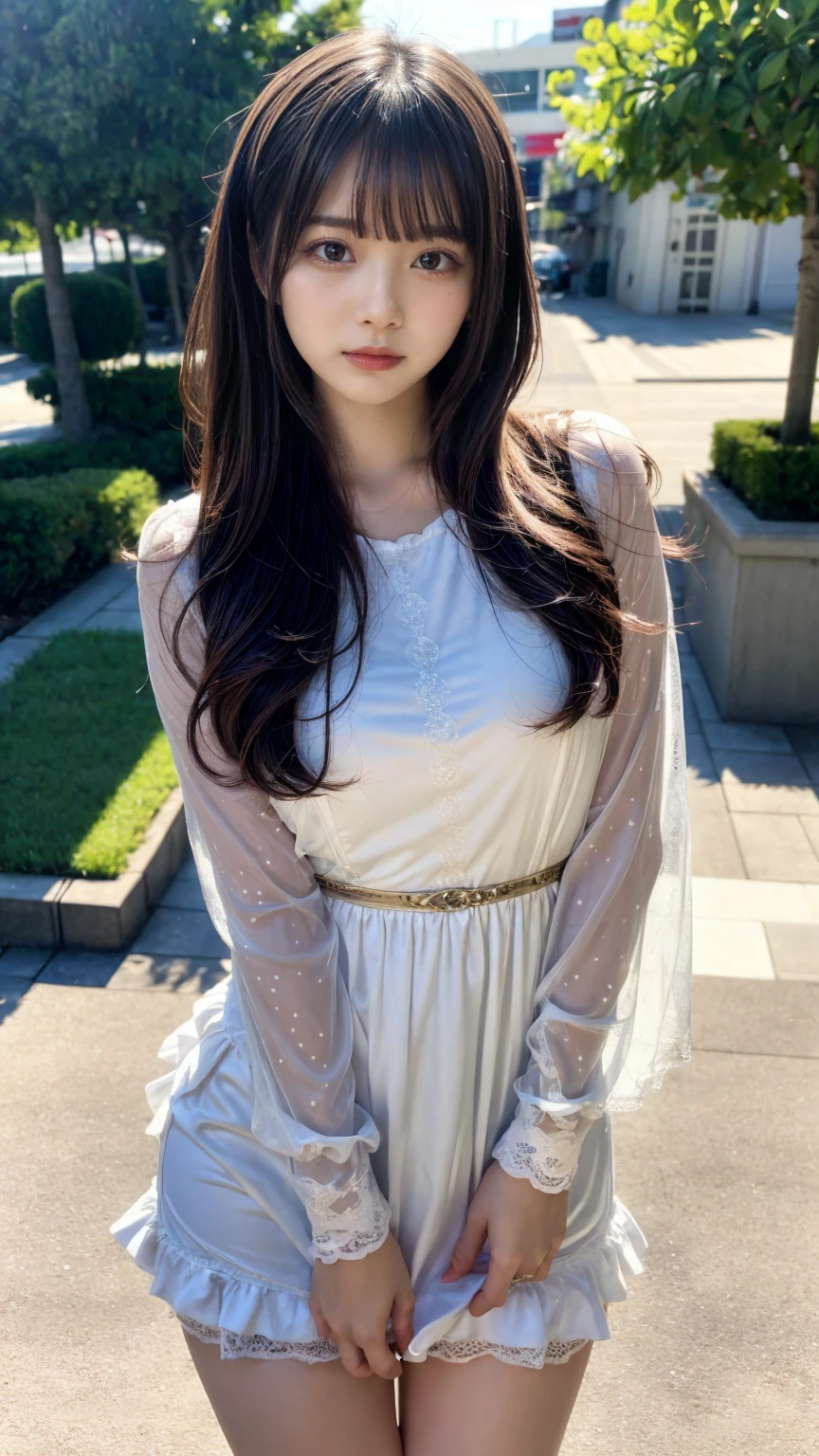 masterpiece, Best Quality, Illustration, Ultra-detailed, finely detail, hight resolution, 8K Wallpaper, Perfect dynamic composition, Beautiful detailed eyes, Tight Mini,Medium Hair,,Natural Color Lip, Randomly sexy poses,Harajuku、20 years girl、Cute、Sexy shot looking at camera,Cute long-sleeved dress,Slender face,Slender body,Background blur