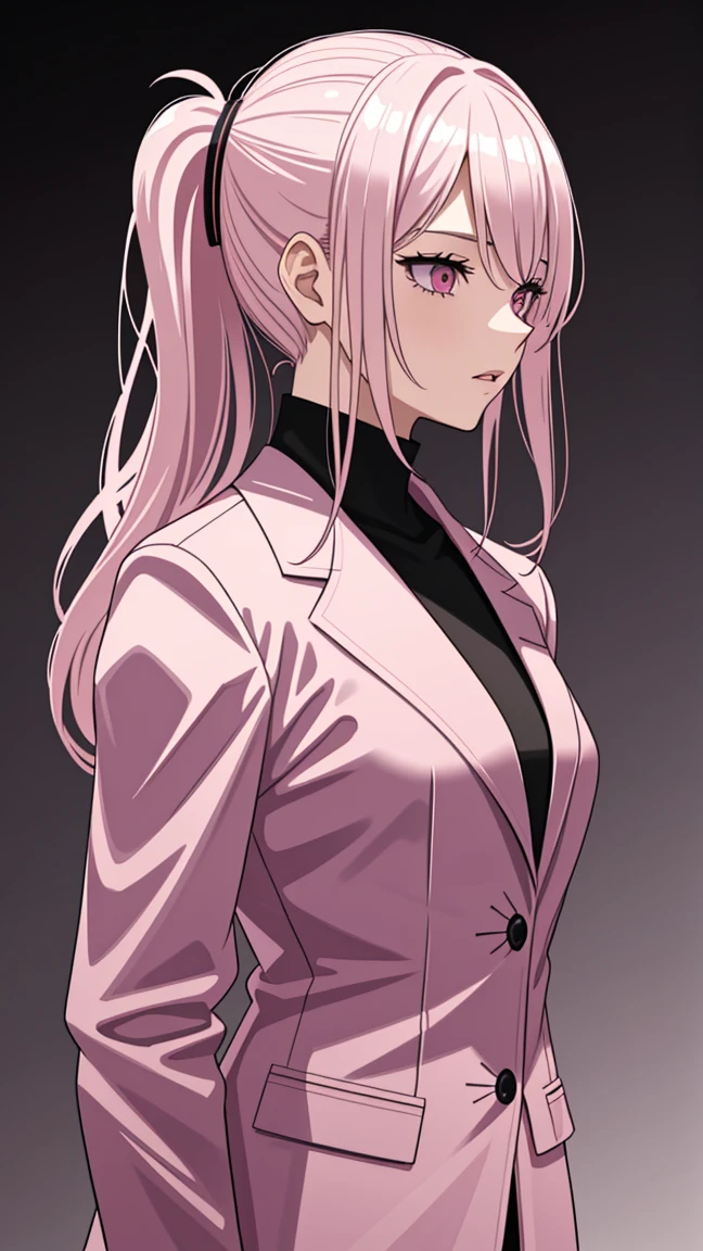 (((Adult woman))), ponytail blonde hair, (pink eyes), pink suit