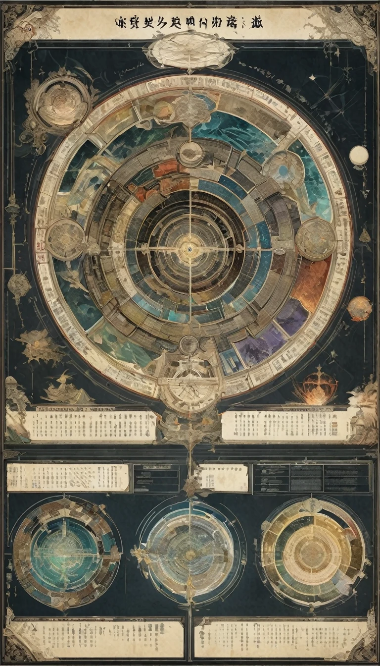 A diagram of the internal structure levels of seven overlapping elliptical universes,Overlapping structure of Mount Xumi,Charts,Detailed description,Mysticism Annotation,Extremely complex,Accurate structure,alchemy,
The internal structure level distribution diagram of the seven universes,Mount Xumi Structure,Charts,Detailed description,Mysticism Annotation 位于黑色背景上 ,3D Color Retro