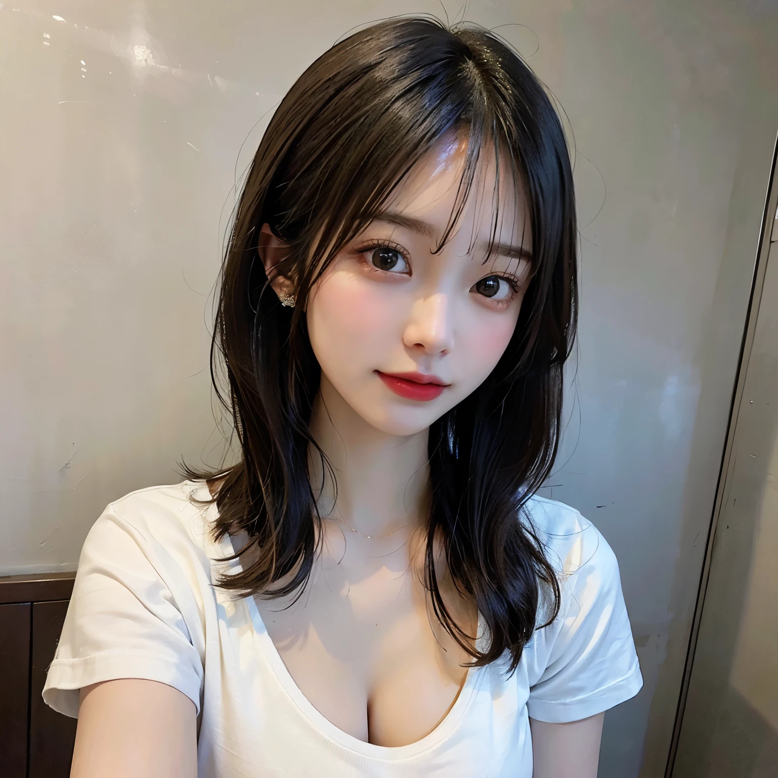 ((best quality)), ((masterpiece)), (detailed), perfect face. Asian girl. Selfie. Blank T-shirt. Bedroom wall. Cleavage.