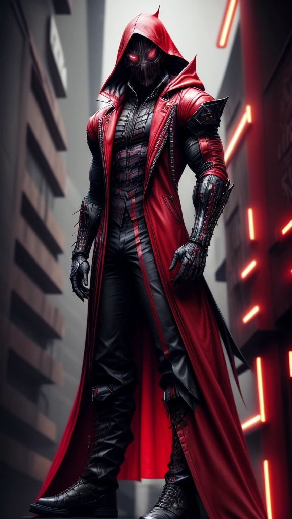 a man in a red jacket and black pants standing in a dark room, wearing cultist red robe, crimson attire, character from mortal kombat, as a character in tekken, fighting game character, cyberpunk assassin, red hooded mage, cyberpunk outfits, crimson clothes, the red ninja, wearing leather assassin armor, an edgy teen assassin, cool red jacket, cyberpunk street goon