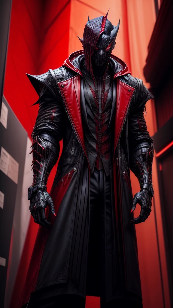 a man in a red jacket and black pants standing in a dark room, wearing cultist red robe, crimson attire, character from mortal kombat, as a character in tekken, fighting game character, cyberpunk assassin, red hooded mage, cyberpunk outfits, crimson clothes, the red ninja, wearing leather assassin armor, an edgy teen assassin, cool red jacket, cyberpunk street goon