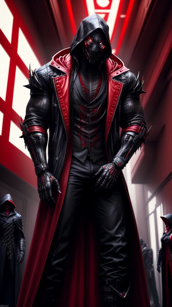 a man in a red jacket and black pants standing in a dark room, wearing cultist red robe, crimson attire, character from mortal kombat, as a character in tekken, fighting game character, cyberpunk assassin, red hooded mage, cyberpunk outfits, crimson clothes, the red ninja, wearing leather assassin armor, an edgy teen assassin, cool red jacket, cyberpunk street goon