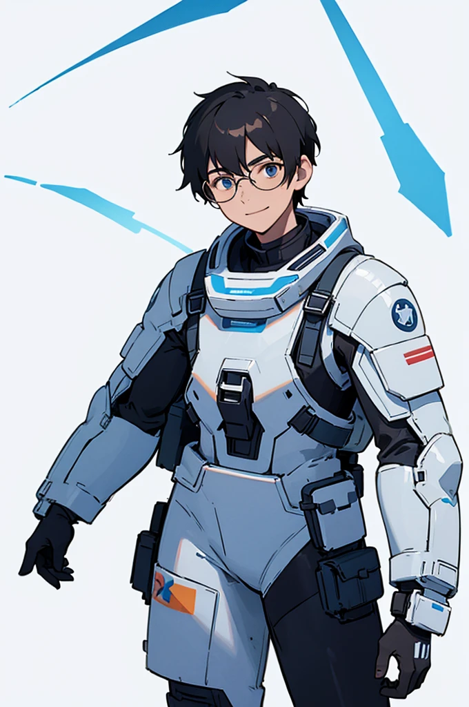 1,19 years old,university student,male,Black Hair,Light blue eyes,Short Hair,Spacesuit,Hero Pose,Standing posture,Glasses,(whole body),White background,smile