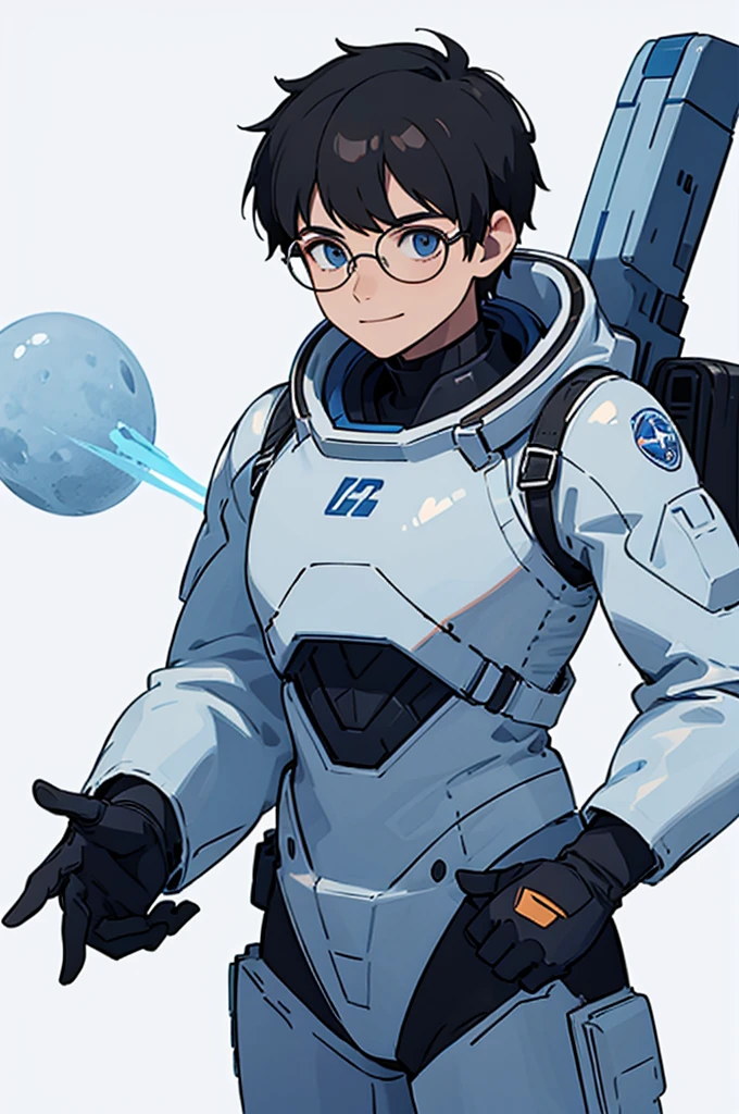 1,19 years old,university student,male,Black Hair,Light blue eyes,Short Hair,Spacesuit,Hero Pose,Standing posture,Glasses,（whole body）,White background,smile