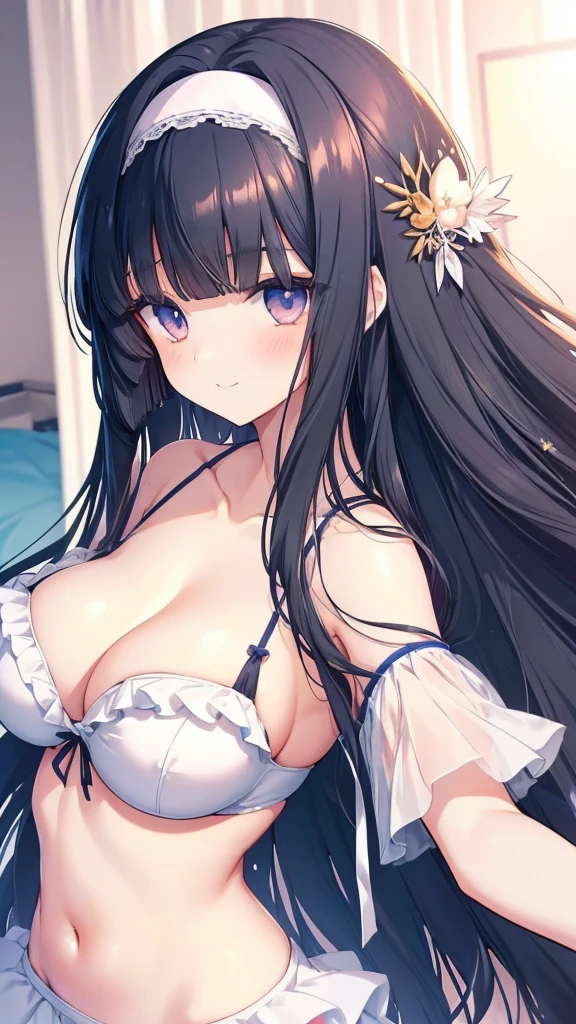 best quality, extremely detailed, ((((anime style 2girl)))),((yuri)),｢1st girl long hair down to the waist, straight hair, dark black hair with bluish,beautiful detailed eyes, pinched eyes, dark blue eyes｣,｢2nd girl wavy long hair,((((blunt bangs)))),(hair between eyes),bright blond hair,beautiful detailed eyes,Orange eyes,Sharp eyes with many eyelashes｣,huge breasts,cutie white base colorful frill
 Bikini,hair ornament,rabbit like hairband,beach side Luxurious room,smile,active pose 