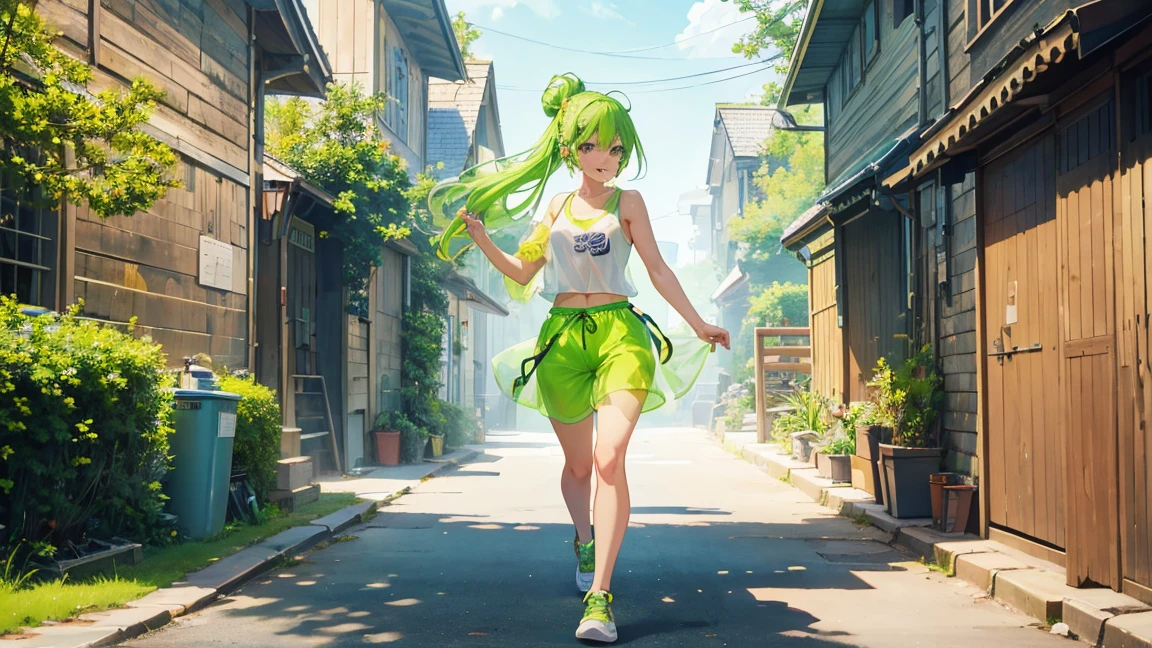 Bright green slime girl, Translucent body, Bright green hair, Tank top clothes, Shorts, Walking with skipping, In a fantasy town, half updo, smiley, bright pupils, anime style, UHD, masterpiece, accurate, anatomically correct, super detail, best quality, highres, 4K