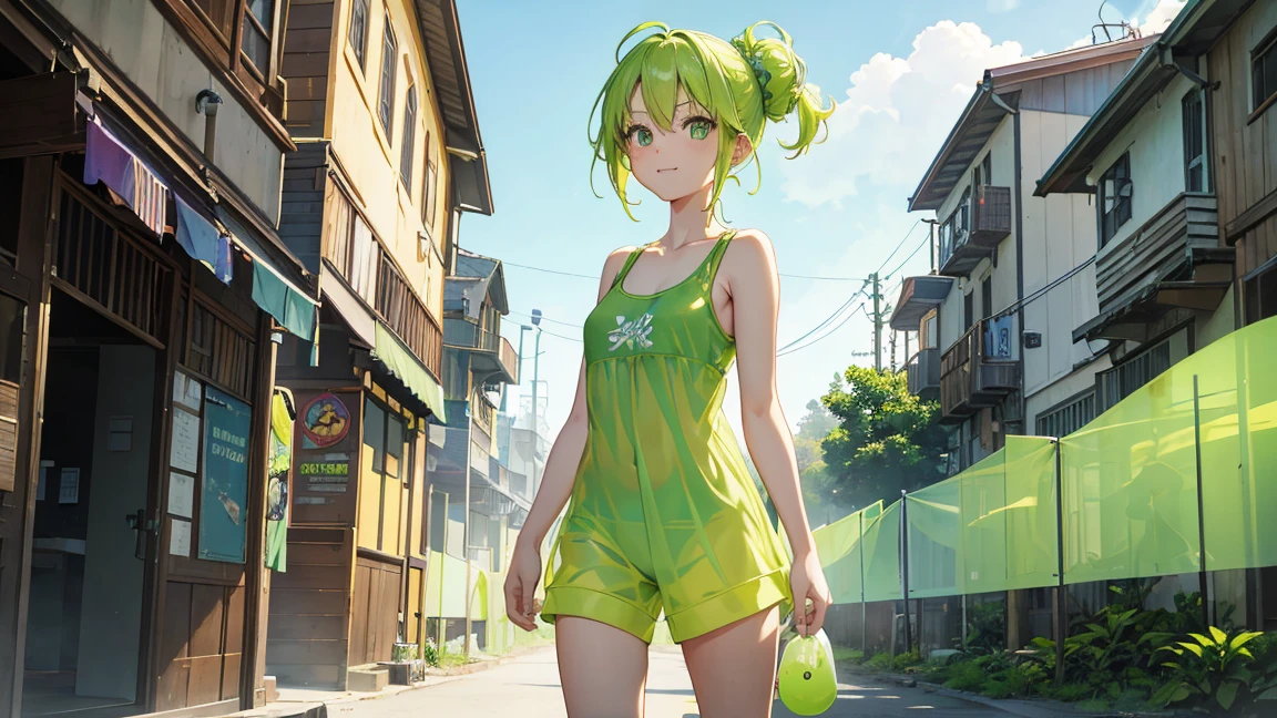 Bright green slime girl, Translucent body, Bright green hair, Tank top clothes, Shorts, Walking with skipping, In a fantasy town, half updo, smiley, bright pupils, anime style, UHD, masterpiece, accurate, anatomically correct, super detail, best quality, highres, 4K
