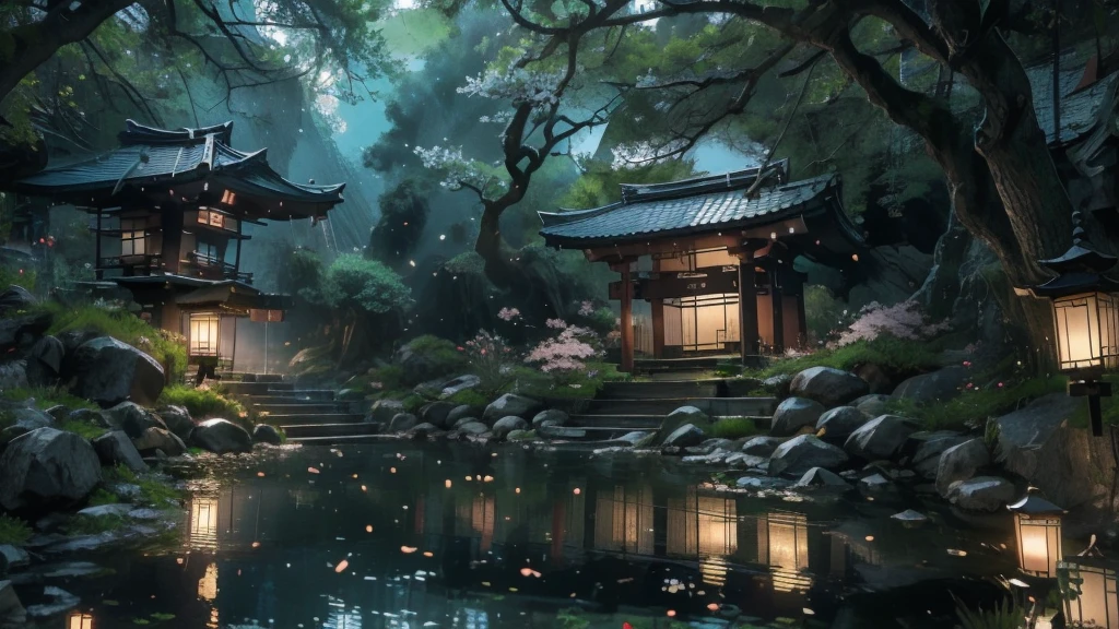 Quiet streets of Kyoto, lush greenery, tranquil pond with carp, traditional Japanese tile-roofed one-story house, winding stone path, cherry blossom trees in bloom, (Best Quality,8k,High Resolution,Masterpiece:1.2),Super Detail, (Realistic,Photorealistic,Photorealistic:1.37),Detailed landscape, natural light, vivid colors, calm atmosphere, complex details) colors, calm atmosphere, intricate details)