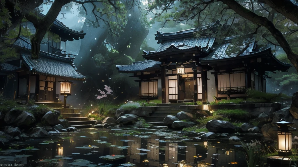 Quiet streets of Kyoto, lush greenery, tranquil pond with carp, traditional Japanese tile-roofed one-story house, winding stone path, cherry blossom trees in bloom, (Best Quality,8k,High Resolution,Masterpiece:1.2),Super Detail, (Realistic,Photorealistic,Photorealistic:1.37),Detailed landscape, natural light, vivid colors, calm atmosphere, complex details) colors, calm atmosphere, intricate details)