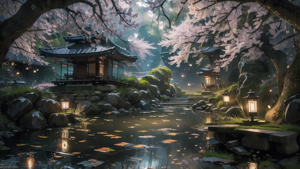Quiet streets of Kyoto, lush greenery, tranquil pond with carp, traditional Japanese tile-roofed one-story house, winding stone path, cherry blossom trees in bloom, (Best Quality,8k,High Resolution,Masterpiece:1.2),Super Detail, (Realistic,Photorealistic,Photorealistic:1.37),Detailed landscape, natural light, vivid colors, calm atmosphere, complex details) colors, calm atmosphere, intricate details)