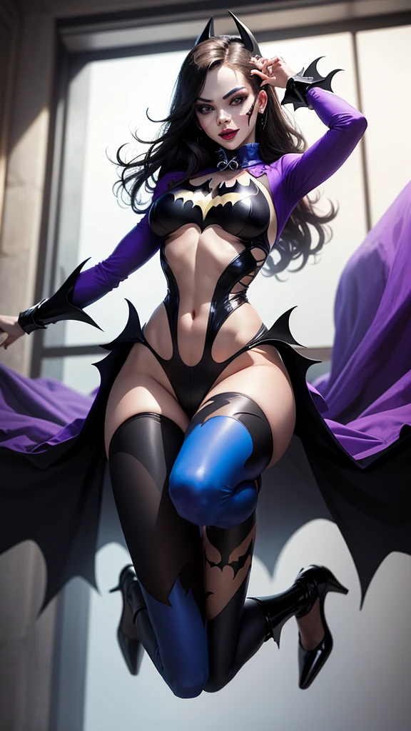 An irresistible work of art to the male eye,beautiful woman jumping ,visible and irresistible waist skin,a gorgeous body,a fusion of joker and Batman cosplay, transparent color clothes,a beautiful bed...