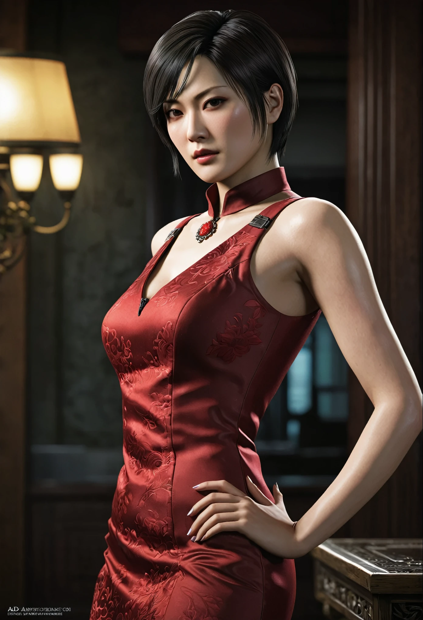 (Highest quality:1.3), cinematic shot, masterpiece, (sharp focus:1.5), (photorealistic:1.3), Ada Wong is a prominent character in the Resident Evil video game series. She is known for her mysterious and enigmatic persona. With her striking appearance, massive breast, Ada often wears a red qipao dress, which is a traditional Chinese outfit. Her dark hair, intense eyes, and a penchant for high heels contribute to her alluring and iconic look.

Ada is characterized by her intelligence, resourcefulness, and combat skills. She's skilled in using firearms, melee weapons, and gadgets, making her a versatile fighter. Throughout the series, she's often seen as an independent and secretive individual, driven by her own motives. Her interactions with other characters are usually marked by a sense of ambiguity and hidden agendas.

Ada's involvement in the series typically revolves around espionage, uncovering conspiracies, and dealing with biohazard outbreaks. Her complex relationships with other characters, such as Leon S. Kennedy, contribute to the intrigue and drama within the game's narrative. Overall, Ada Wong's multifaceted personality, captivating appearance, and central role in the Resident Evil series make her a memorable and iconic game character, (highly detailed skin),  (detailed face), detailed background, cinematic lighting, dramatic lighting, volumetric lighting,  intricate details, UHD,