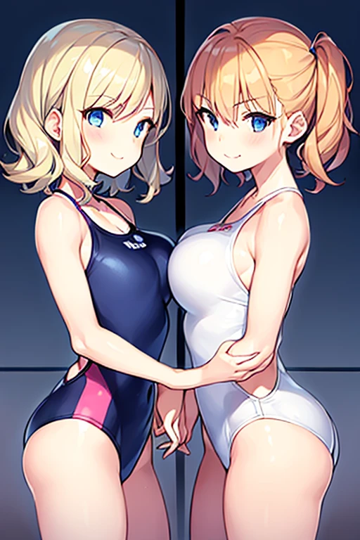 2girls, sisters, twins, very short hair, spiked hair, long hair, wavy hair, smile, smirk, smug, parted lips, shy, wavy mouth, timid, white one-piece swinsuit, competition swimsuit, one-piece swimsuit, hourglass figure, blonde hair, blue eyes, large breasts, thick thighs, pool, bare legs