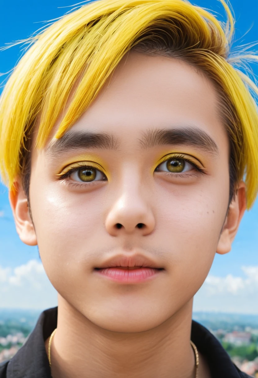 1 boy,more details in eyes,cute,looking at viewer, adorabel boy,cute face,details sky,handsome,young,juvenile,((masterpiece:1.4,best quality)),multiple details,eyeshadow,sfw, full shot,
FOREHEAD PROTECTOR , yellow hair