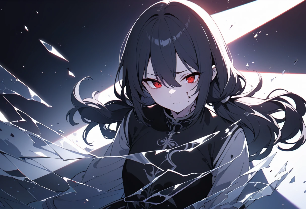 (masterpiece, Highest quality, Super detailed, Best Shadow), (Detailed Background,Dark fantasy), (Beautifully detailed face), High Contrast, (Best lighting, Very delicate and beautiful), ((Cinematic Light)), colorful, Hyper Detail, Dramatic Light, Intricate details, (1 Girl, alone,Black Hair, Sharp Face,Low twin tails,Red eyes, Hair between the eyes,Dynamic Angle), Blood splatter, Black light swirling around the character, Depth of written boundary,black light particles,(Broken glass),Small breasts overflowing、Tsundere、Strong face