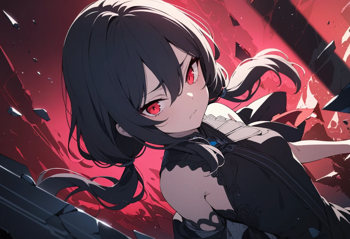 black-skinned,One eye is covered by bangs,Cat ears,Luxurious maid outfit,Devilish charm,Sinister smile,Terrifying atmosphere,Black whites of the eyes,Magic Array,Black and red background