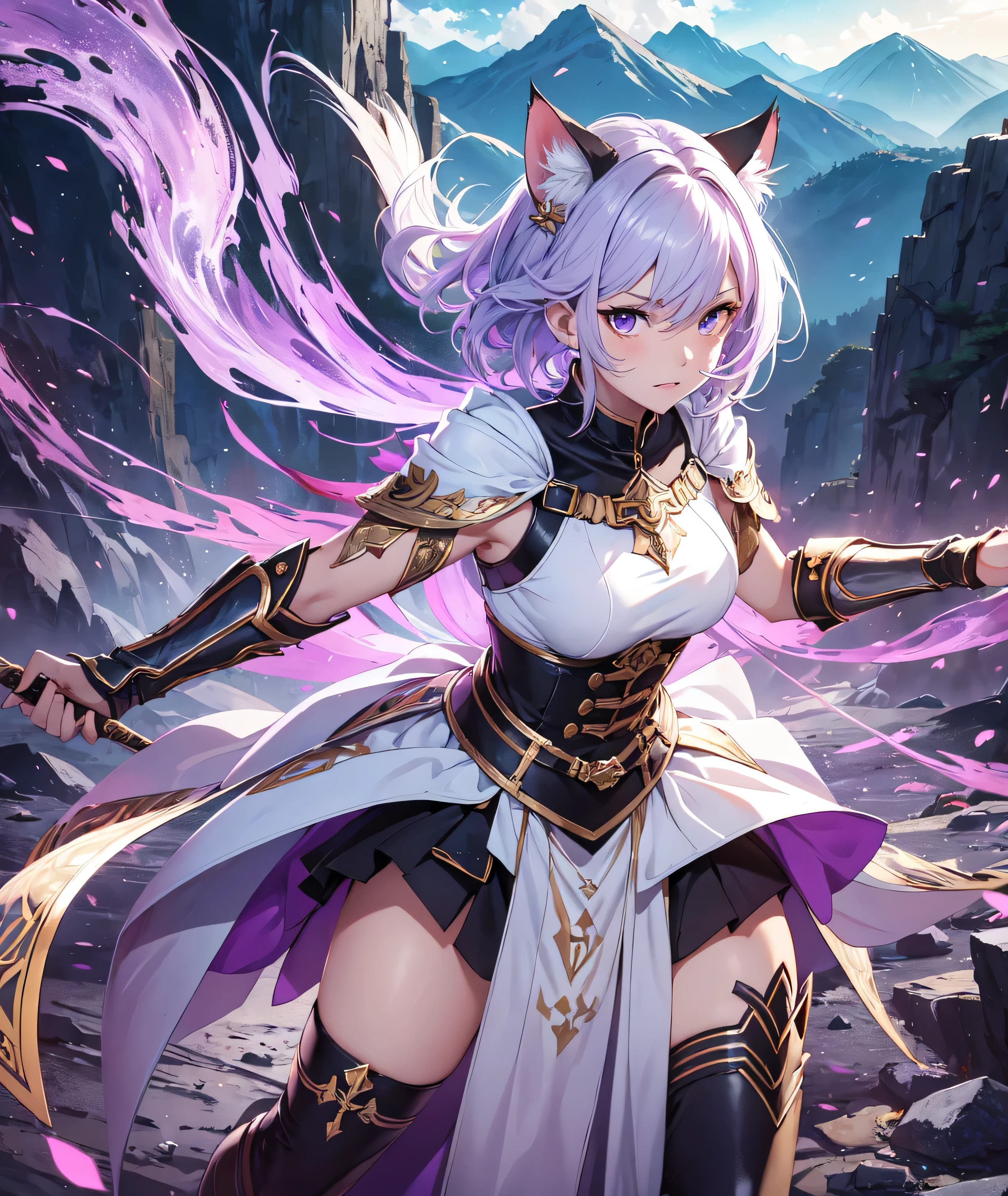 beautiful and delicate girl, clear and beautiful, Make your character the main point of view, glowing skin, female, 20 years old, Short hair, shortcut, Short hair, Beautiful and delicate glass hair, 칼을 휘두르는 female warrior 포즈, 크고 colorful swords, weapon, Attack moves to defeat enemies, full body pose, two handed sword, big knife, colorful swords ((greek costume, 2 Costume colors, white background, purple 패턴)) ((Clothes color White background, purple 패턴)) ((Double color, White, purple)) ((Use only two colors of clothing, White, purple))beautiful and delicate eyes, purple 눈, moderate chest, real skin texture, Very nice 8KCG wallpaper, Very cool 8K CG wallpaper, Watercolor (middle), female warrior, light orange hair, (((upper body cut))), (((Cat's ears dark purple))), (((dark, dark 밤, midnight))) (((nature background, mountain, wood))), ((outdoors)) Dynamic fighting stance with a sword, I can see my whole body, angle seen from a distance, Zoom out, 신foot, foot,