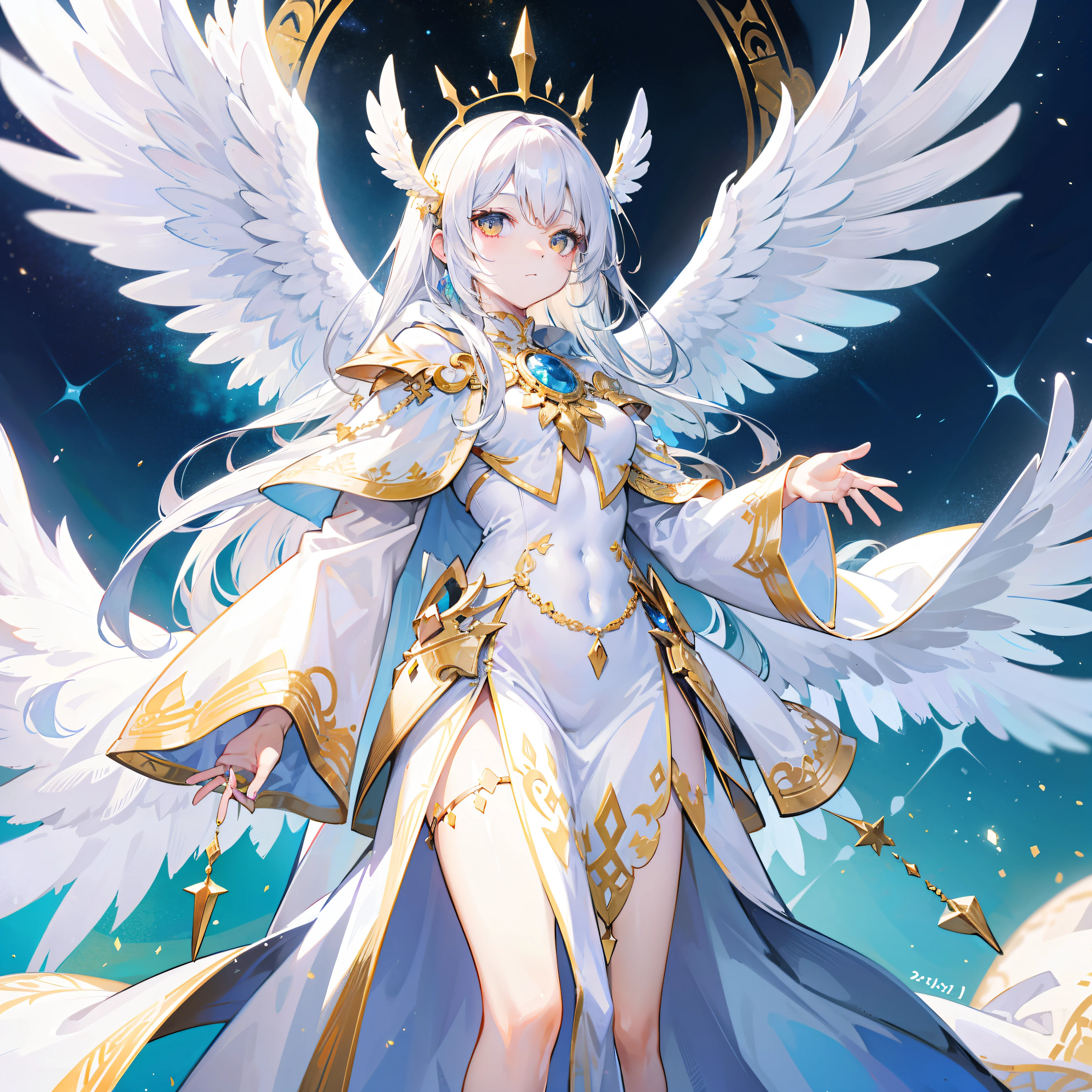 White mantle with outstretched wings.,like a big bird,Can transcend the cycle of time and space.,Decorated with gold ornaments.,It is a special form of biological life.,Known as immortal like a bird.