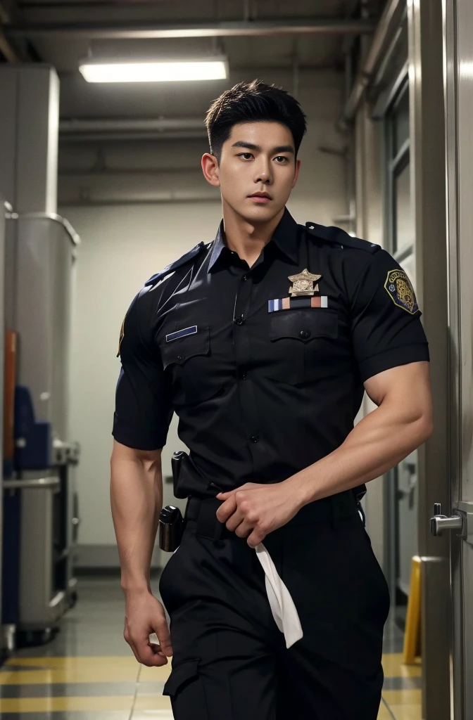 1 handsome Asian guy，27岁policeman，arafed male police 官 in  walking down a hallway, , wearing a sexy police outfit ,  kinky police ,  open outfit: police expose the penis , , majestic，Who is Shi Yu?, Li Yuanbin, Kim Hyung Tae, Kim Hyung Tae, Yin Shishan, Handsome Asian muscular guy，Broad shoulders and narrow waist，A handsome guy in police uniform，Form-fitting fabric contours the bust，in a remote warehouse，hands tied behind back，Hands tied behind the back，hands tied behind back，Masculine and sexy，High，Muscles look good，hairy body，Wheat complexion，black eyes（thin eyes 1：3），whole body image, huge penis, manly penis