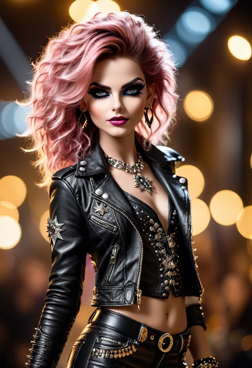 photo shot on Nikon D850, she is a rockstar., in style a glam rock, detailed face, blushing, teasing, Alluring. highly stylized, depth of field, bokeh effect, backlit, stylish, breathtaking, visually rich, masterpiece, full body shot.