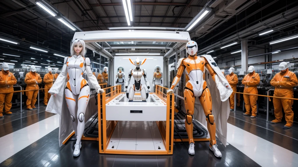 Create a realistic image of several humanoid robots in white and orange colors by manufacturing parts and other robots in a Xiaomi factory futuristic